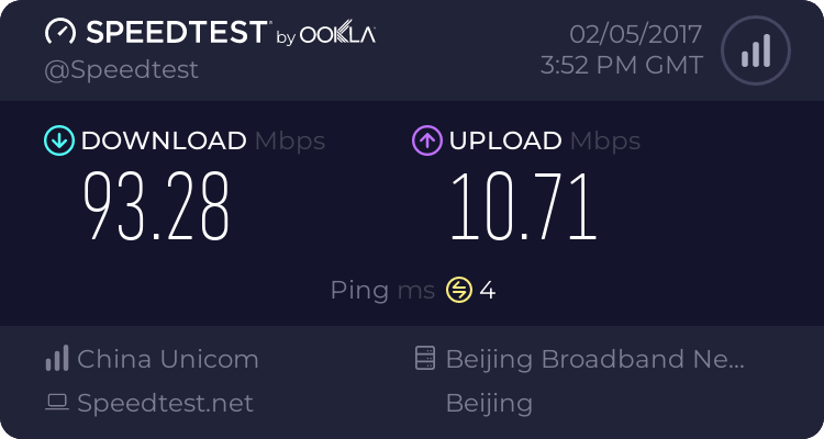 speedtest结果: 93.28Mbps